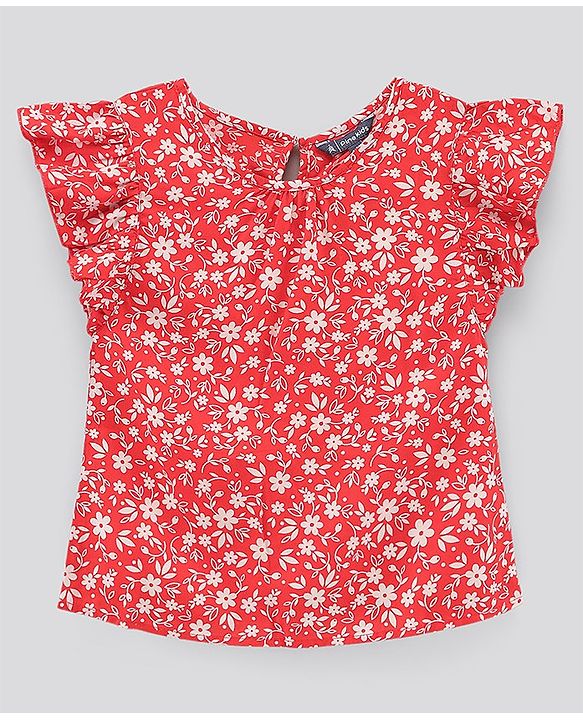 Pine Kids Cotton Floral Printed Top & Denim Shorts Set  - Red