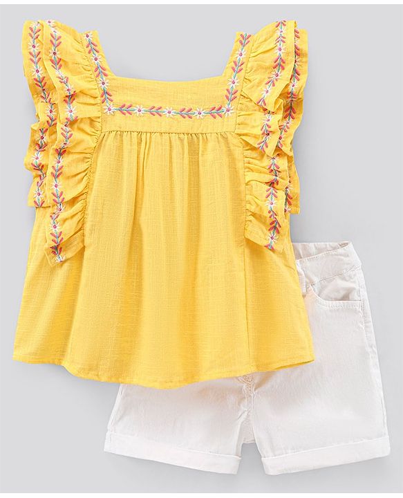 Pine Kids Flutter Sleeves Top & Shorts Set Floral Embroidery - Yellow