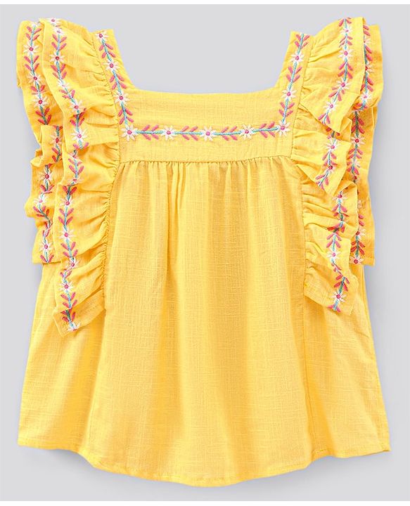 Pine Kids Flutter Sleeves Top & Shorts Set Floral Embroidery - Yellow