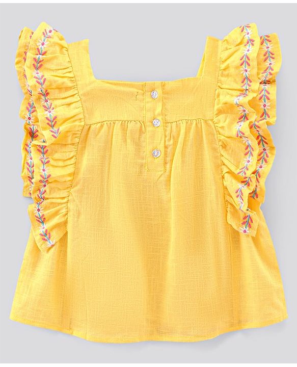 Pine Kids Flutter Sleeves Top & Shorts Set Floral Embroidery - Yellow