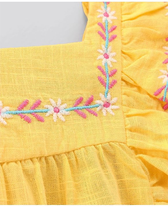 Pine Kids Flutter Sleeves Top & Shorts Set Floral Embroidery - Yellow