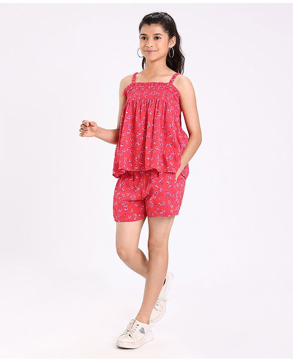 Pine Kids Singlet Sleeves Top & Shorts Set Floral Print - Pink