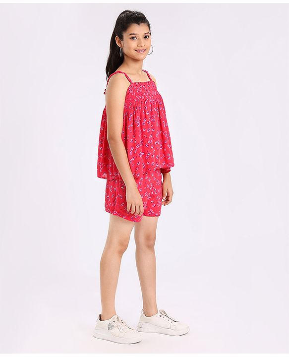Pine Kids Singlet Sleeves Top & Shorts Set Floral Print - Pink
