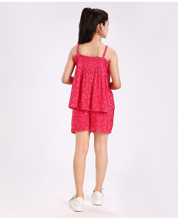 Pine Kids Singlet Sleeves Top & Shorts Set Floral Print - Pink