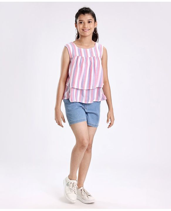 Pine Kids Sleeveless Woven Top With Denim Shorts Striped - Multicolor