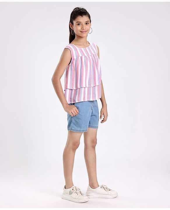 Pine Kids Sleeveless Woven Top With Denim Shorts Striped - Multicolor