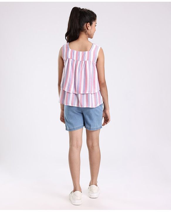 Pine Kids Sleeveless Woven Top With Denim Shorts Striped - Multicolor