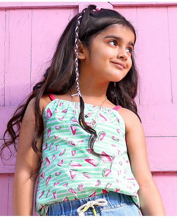 Babyhug Singlet Sleeves Cotton Top Watermelon Print - Mint Green