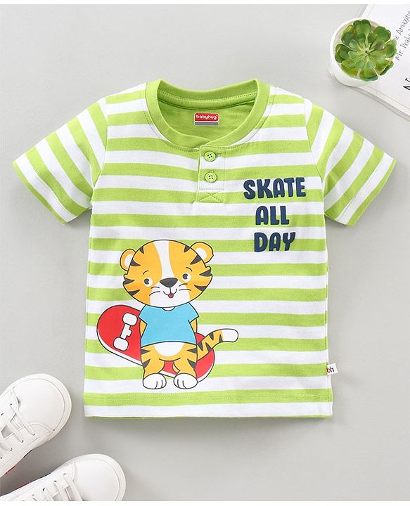 Babyhug Half Sleeves Striped Tee Tiger Print - Green