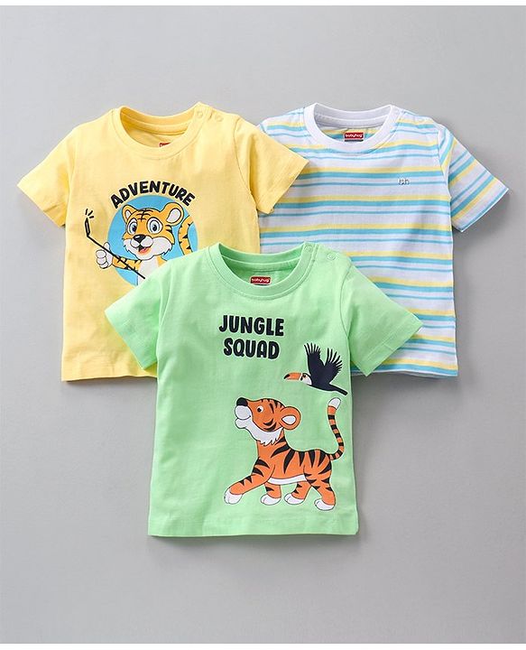 Babyhug Half Sleeves Printed T-Shirts Pack Of 3 - Yellow Green White