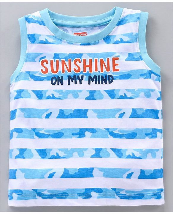 Babyhug Sleeveless Cotton T-Shirt With Sunshine On My Mind Text And Stripe Print - Blue White