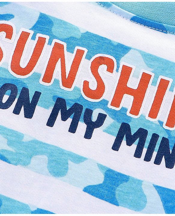 Babyhug Sleeveless Cotton T-Shirt With Sunshine On My Mind Text And Stripe Print - Blue White