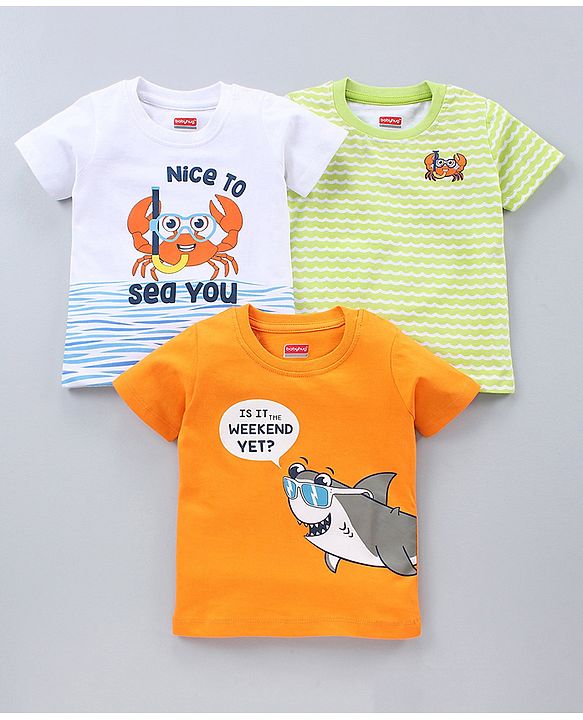 Babyhug Half Sleeves T-Shirts Multi Print Pack of 3 - White Green Orange