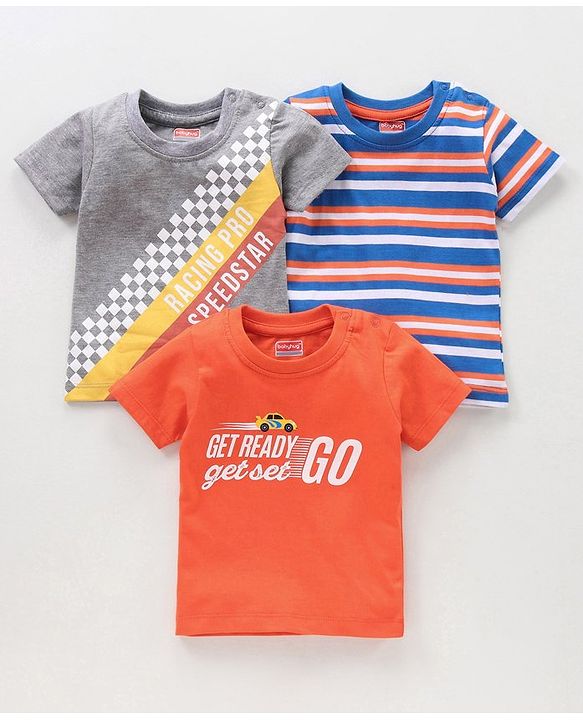 Babyhug Half Sleeves Printed & Striped T-shirts Pack of 3 - Multicolor