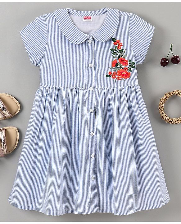 Babyhug 100% Cotton Half Sleeves Frock Floral Embroidery - Blue