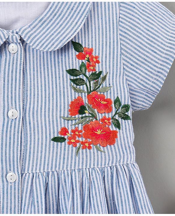 Babyhug 100% Cotton Half Sleeves Frock Floral Embroidery - Blue
