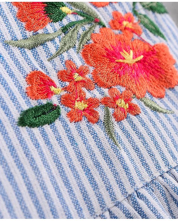 Babyhug 100% Cotton Half Sleeves Frock Floral Embroidery - Blue