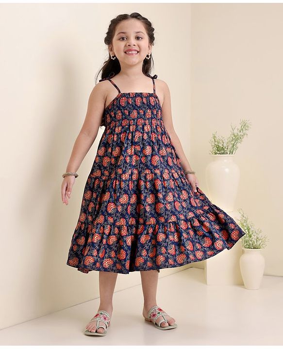 Babyhug Sleeveless Tiered Ethnic Dress Floral Print - Navy Blue