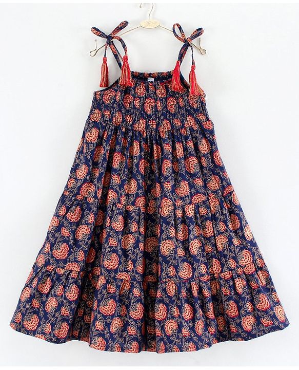 Babyhug Sleeveless Tiered Ethnic Dress Floral Print - Navy Blue