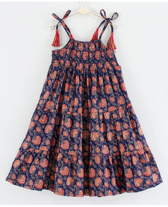 Babyhug Sleeveless Tiered Ethnic Dress Floral Print - Navy Blue