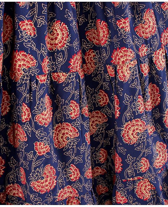 Babyhug Sleeveless Tiered Ethnic Dress Floral Print - Navy Blue