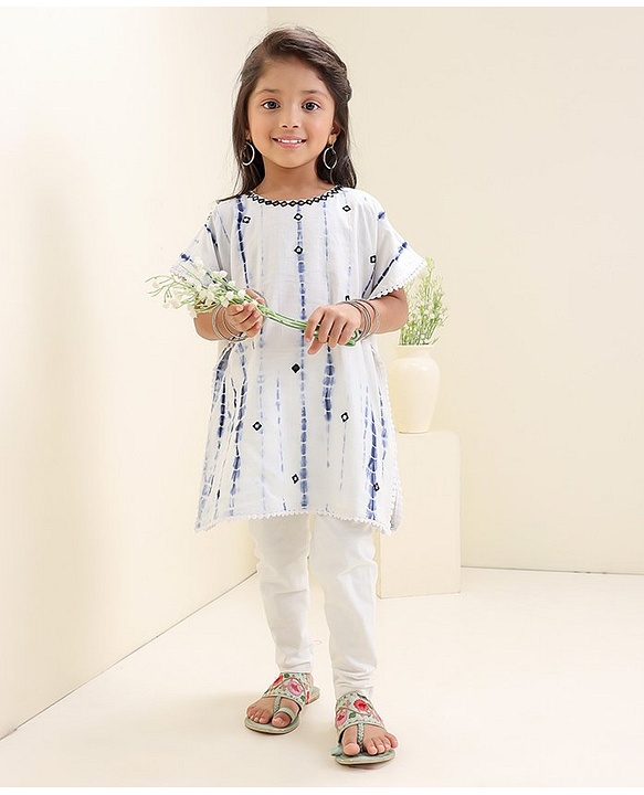 Babyhug Sleeveless Kaftan Top and Leggings Set With Embroidery & Tie & Dye Print- White
