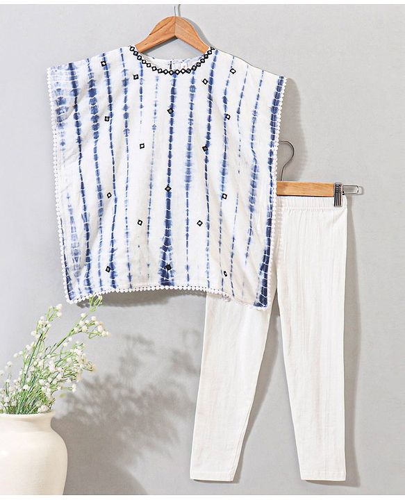 Babyhug Sleeveless Kaftan Top and Leggings Set With Embroidery & Tie & Dye Print- White