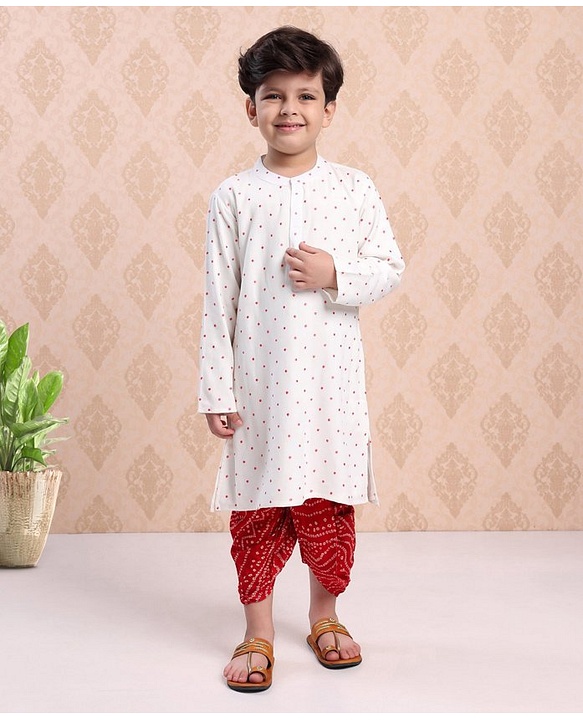 Babyhug Full Sleeves Cotton Printed Kurta and Dhoti Set - Beige