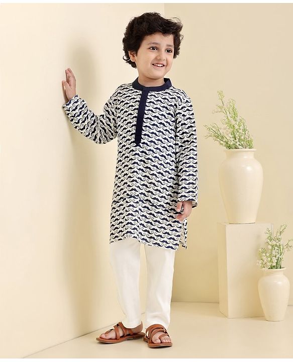 Babyhug Full Sleeves Kurta & Pyjama Moustache Print - White Navy Blue