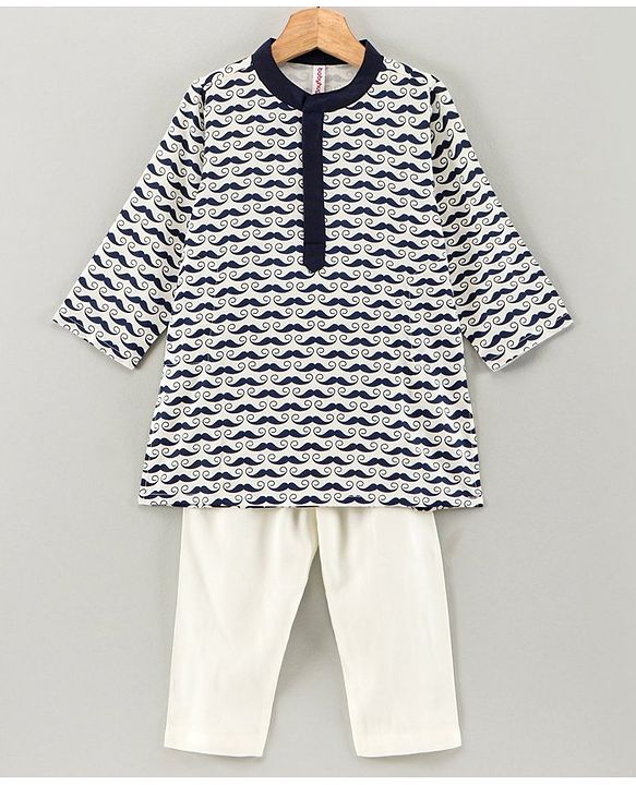 Babyhug Full Sleeves Kurta & Pyjama Moustache Print - White Navy Blue