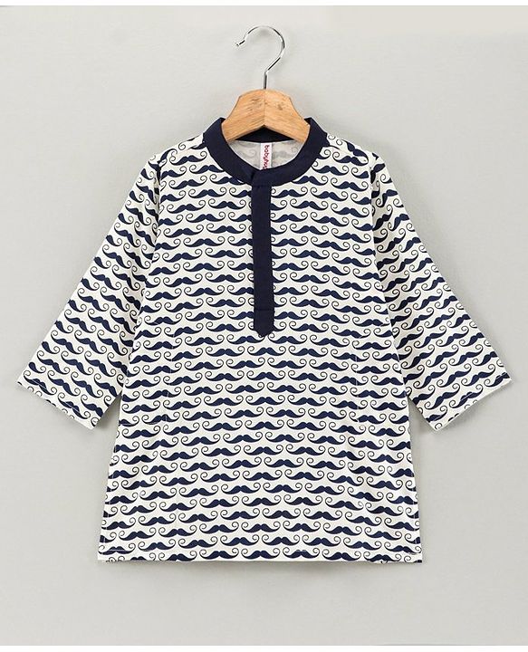 Babyhug Full Sleeves Kurta & Pyjama Moustache Print - White Navy Blue