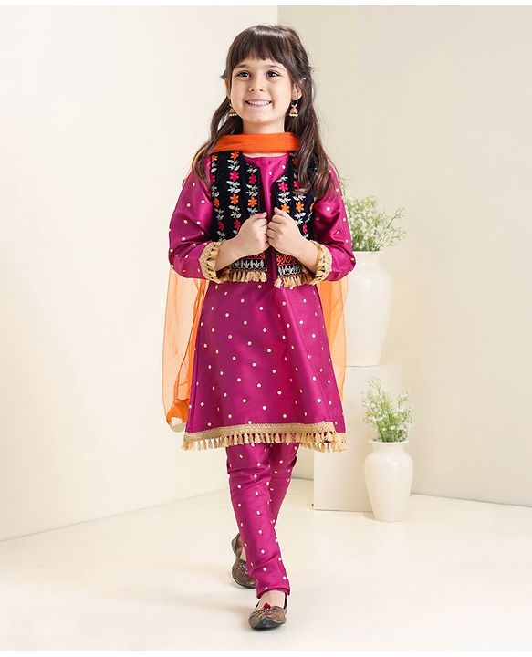 Babyhug 3/4th Sleeves Printed Kurti and Chudidar Set with Embroidered Jacket - Magenta