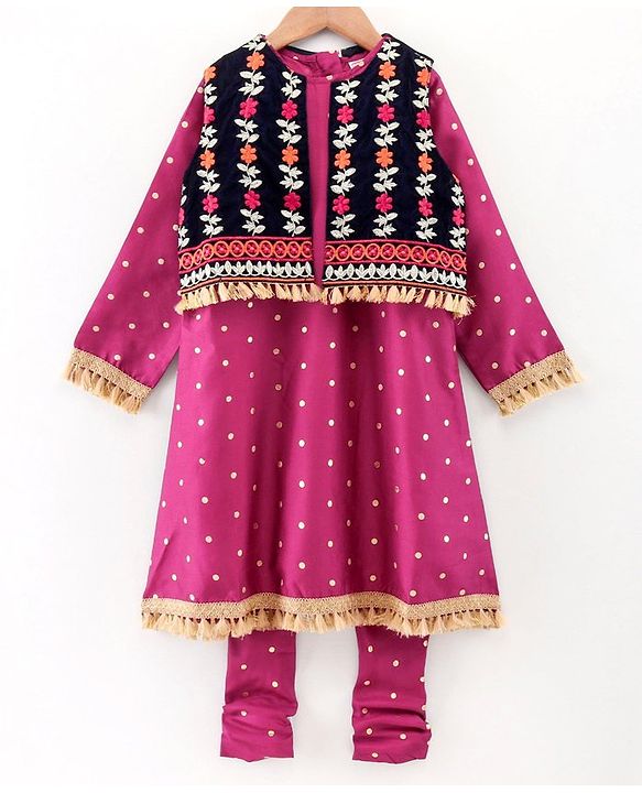Babyhug 3/4th Sleeves Printed Kurti and Chudidar Set with Embroidered Jacket - Magenta