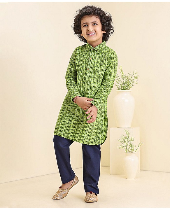 Babyhug Full Sleeves Printed Kurta & Pyjama Set - Green Blue