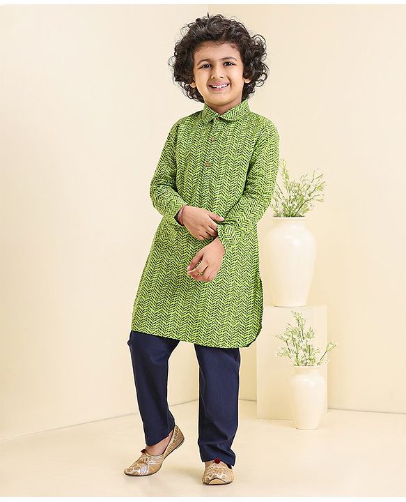 Babyhug Full Sleeves Printed Kurta & Pyjama Set - Green Blue