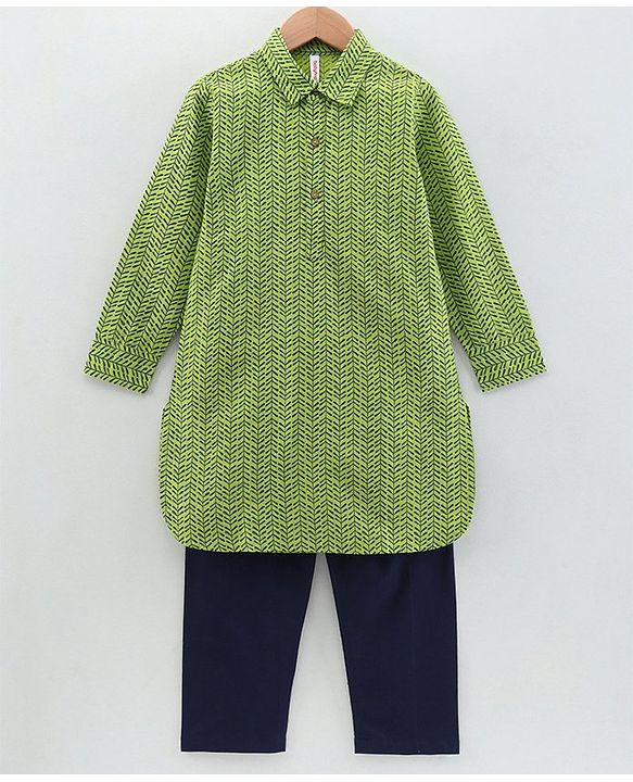 Babyhug Full Sleeves Printed Kurta & Pyjama Set - Green Blue