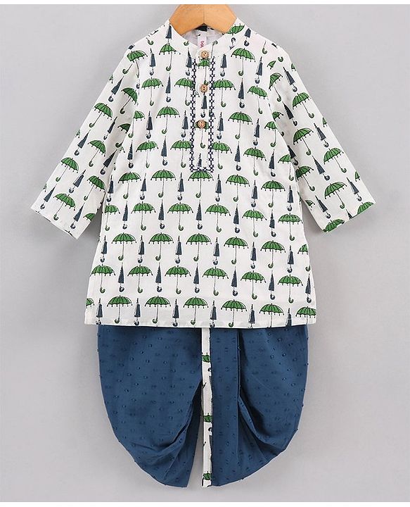 Babyhug Full Sleeves Kurta and Dhoti Pants Set Umbrella Print - White Blue