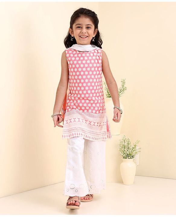 Babyhug Sleeveless Kurti & Palazzo With Dupatta Floral Embroidery - Light Peach White