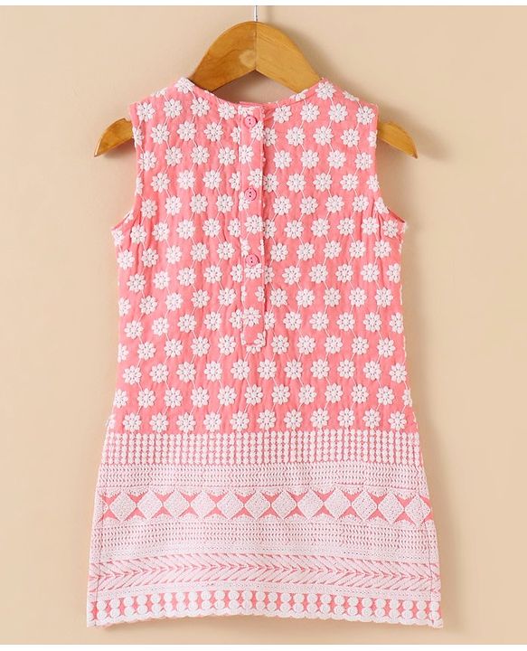 Babyhug Sleeveless Kurti & Palazzo With Dupatta Floral Embroidery - Light Peach White