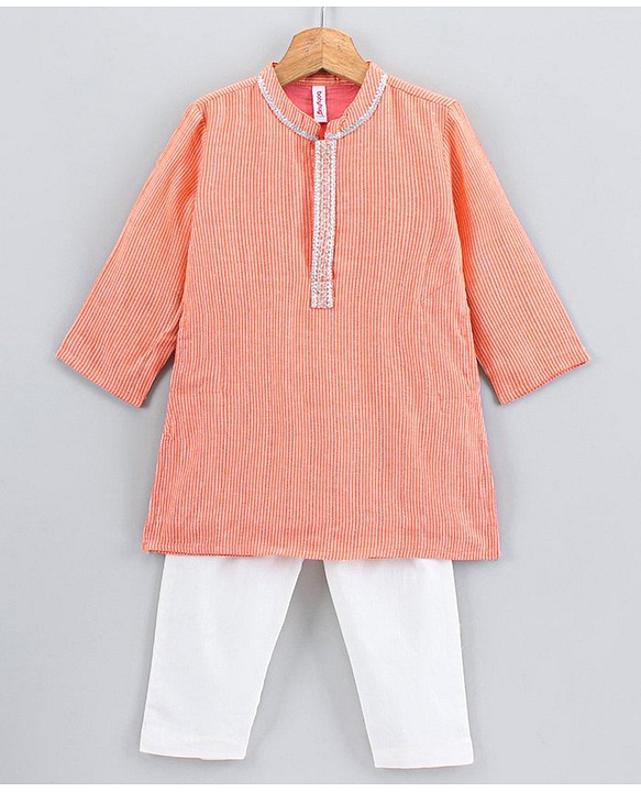 Babyhug Full Sleeve Kurta Payjama Set - Orange White