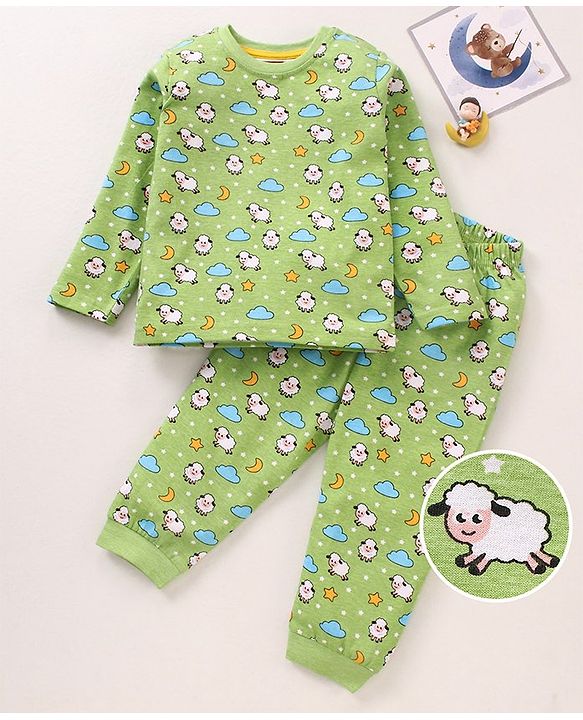 Babyhug Cotton Knit Full Sleeves Night Suit Sheep Print - Green