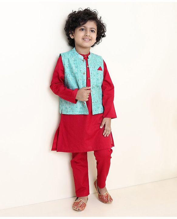 Babyhug Full Sleeves Solid Kurta and Payjama with Printed Waistcoat - Maroon