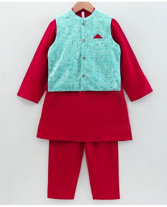 Babyhug Full Sleeves Solid Kurta and Payjama with Printed Waistcoat - Maroon