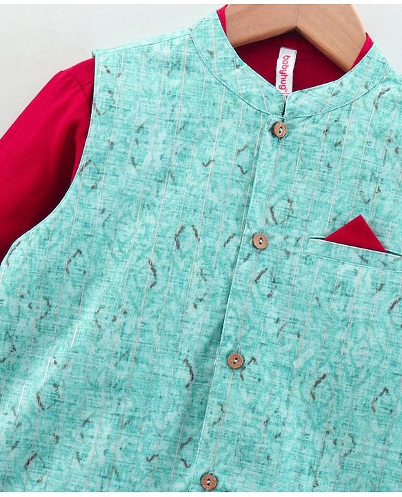 Babyhug Full Sleeves Solid Kurta and Payjama with Printed Waistcoat - Maroon