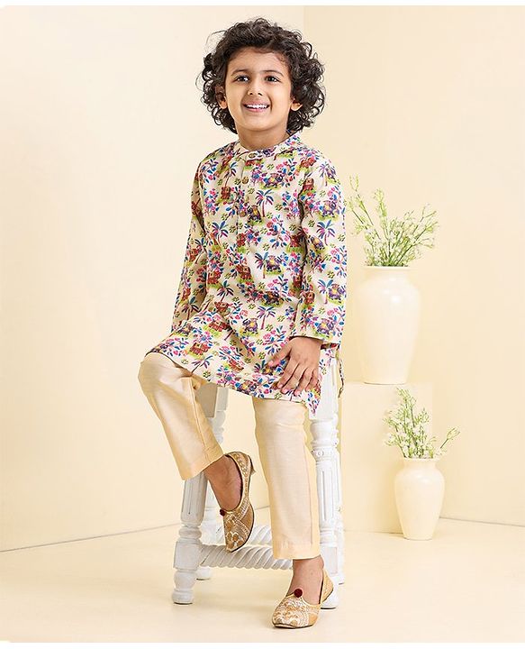 Babyhug Full Sleeves Printed Kurta Pyjama Set - Cream