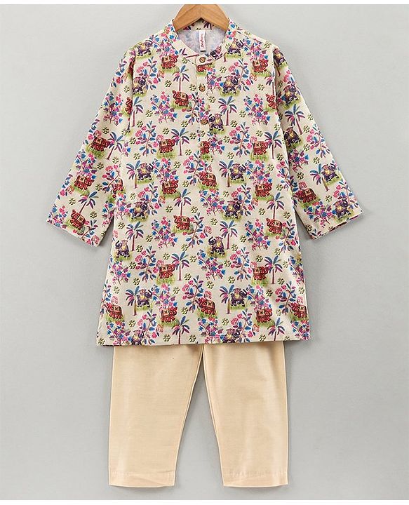 Babyhug Full Sleeves Printed Kurta Pyjama Set - Cream