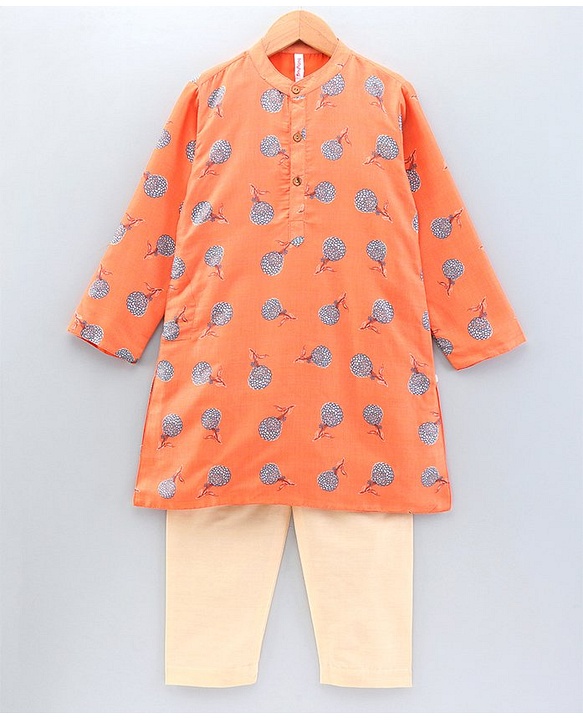 Babyhug Full Sleeves Kurta Payjama Set Floral Print - Orange