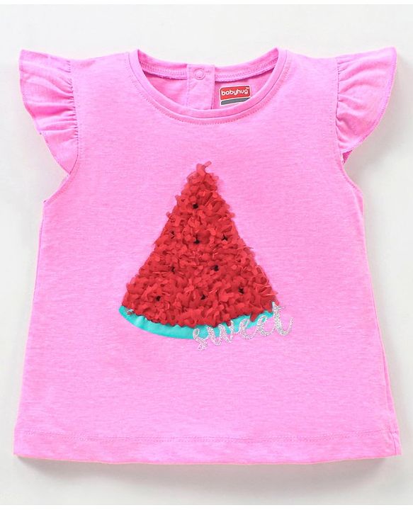 Babyhug Cap Sleeves Cotton Top with 3D Melon Applique - Pink