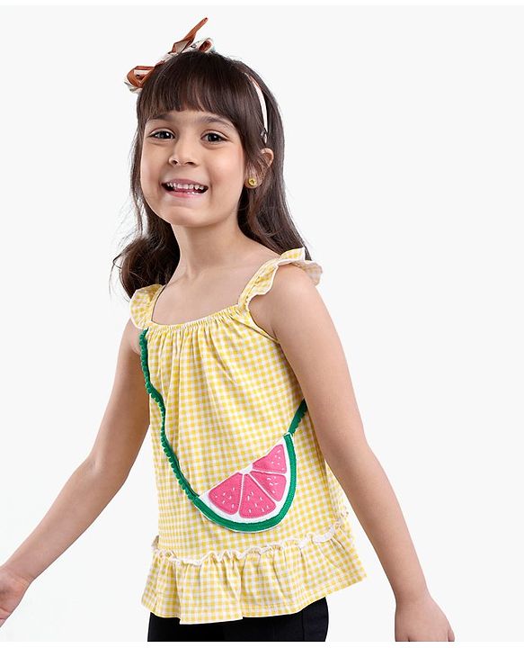 Babyhug Singlet Sleeves Top Checks Print with Sling Bag Applique - Yellow