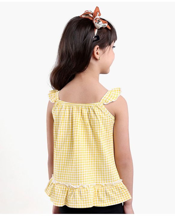 Babyhug Singlet Sleeves Top Checks Print with Sling Bag Applique - Yellow